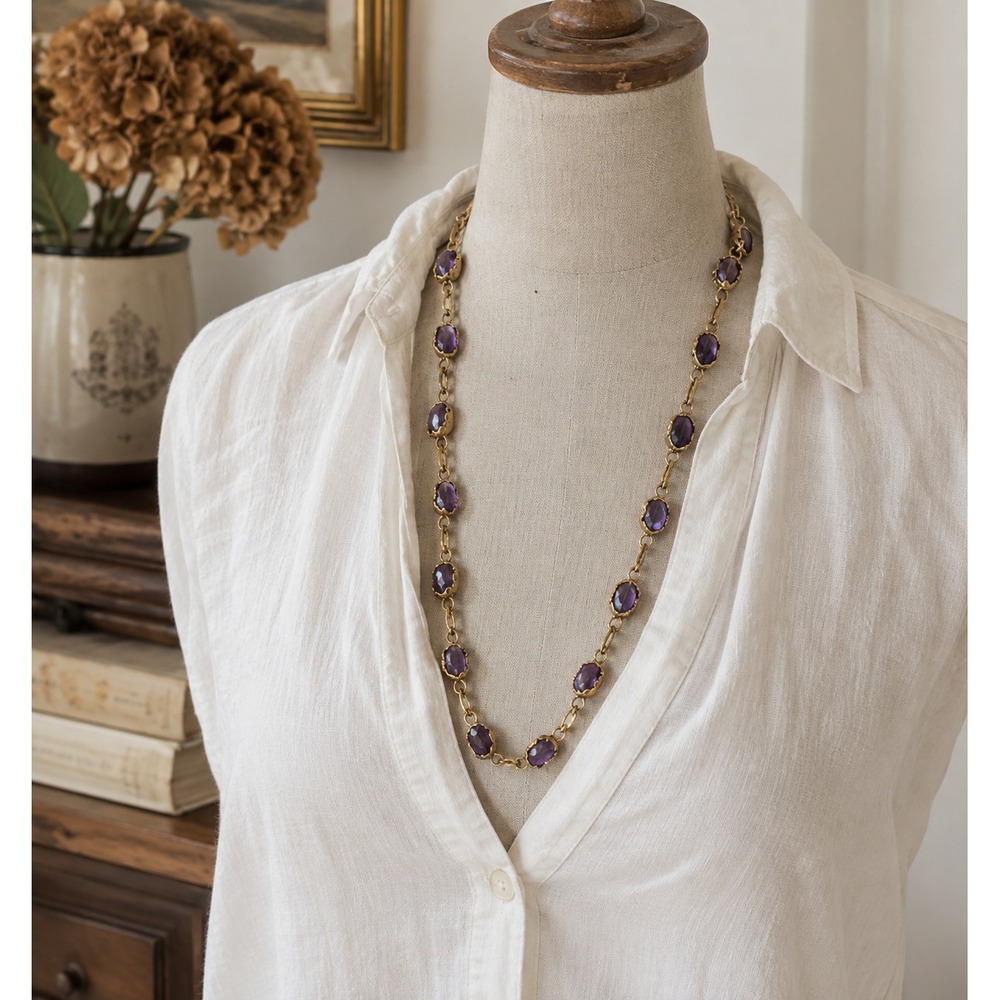 Vintage Lusano Purple Glass Stone Necklace Gold Tone 16" Statement Jewelry